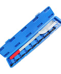 Front view of camshaft timing lock tool set in blue case; long metal locking bar with red handle and multiple pins