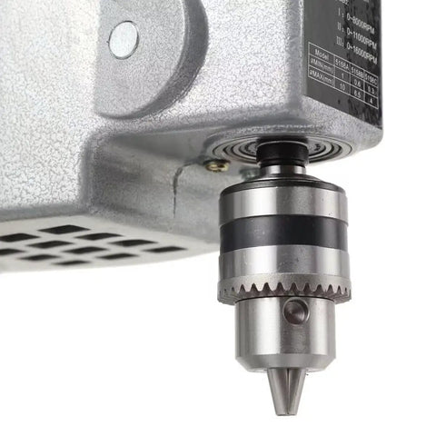 Close-up of 3 Speed Benchtop Drill Press For DIY Projects And Jewelry Making Electric Bench Drill showing chuck and motor housing