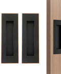 Oil Rubbed Bronze 4.72 Inch Recessed Finger Flush Door Pulls For Pocket Sliding Closet And Barn Doors Premium Stainless Steel Hardware With Rust Resistant Built To Last 2 Pack Bundle shown installed and uninstalled