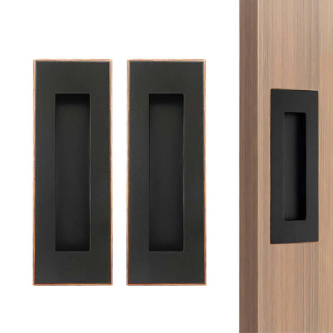 Oil Rubbed Bronze 4.72 Inch Recessed Finger Flush Door Pulls For Pocket Sliding Closet And Barn Doors Premium Stainless Steel Hardware With Rust Resistant Built To Last 2 Pack Bundle shown installed and uninstalled