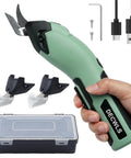 Lightweight Cordless 4V Electric Shears That Slice Fabric And Cardboard Like Butter showing green handle, adjustable blades, battery case.