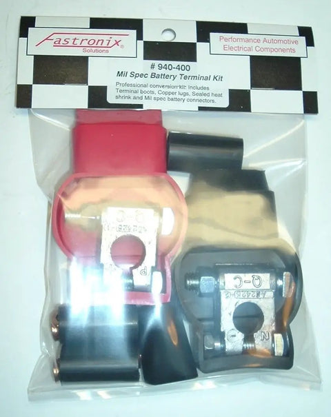 Military Spec Battery Terminal Top Post Kit For Heavy Duty Cars Trucks And Marine Use, Positive And Negative Lead Alloy Terminals, USA Made With Heat Shrink Tubing And Copper Lugs in packaging.