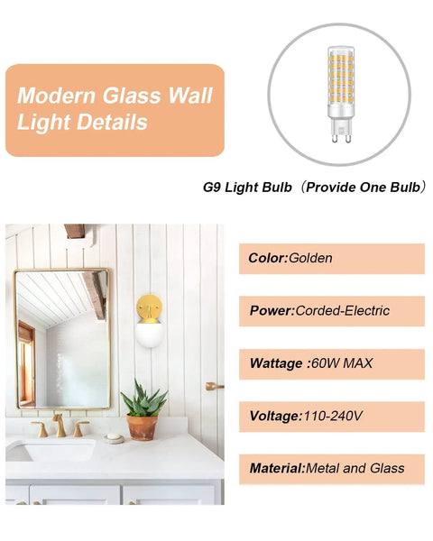 Gold Globe Wall Sconce 1 Light Modern Mid Century Dope Gold Wall Light details with G9 bulb over bathroom sink
