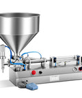 Zero Fuss Heavy Duty Pneumatic Paste And Liquid Filling Machine With 40 Liter Hopper, stainless steel, for filling bottles.