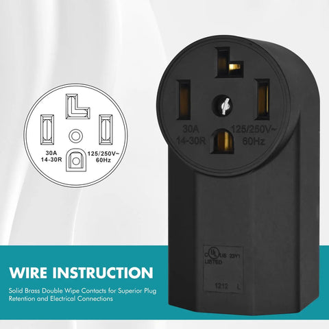 Heavy-Duty NEMA 14-30R Receptacle, 30A 125/250V, 3-Pole 4-Wire Surface Mount Power Receptacle in Black with diagram and specs