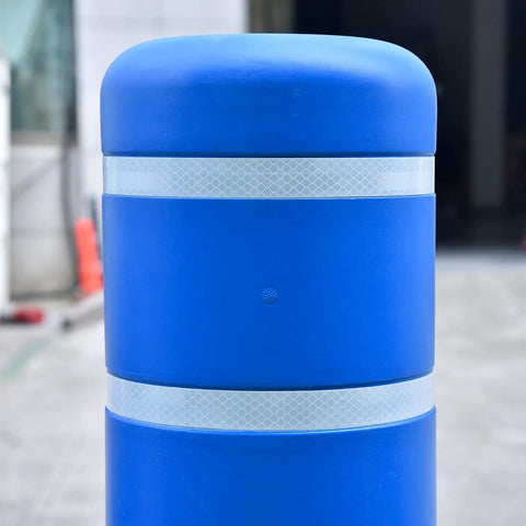 Tough As Nails Blue Safety Bollard Cover 6 Inch Wide 46 Inch Tall with reflective tape for protecting parking poles.