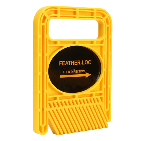 Image of a yellow plastic 2 Pack Adjustable Double Featherboards For Table Saws Router And Bandsaw Tables with feed direction label.