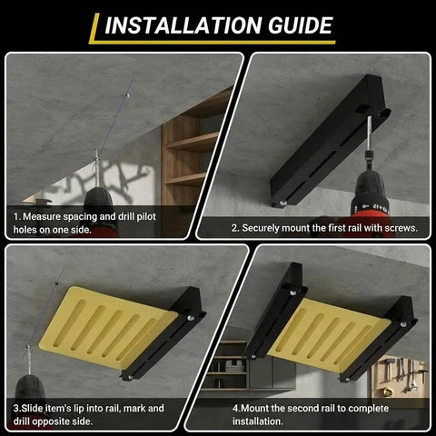 Installation steps for Overhead Garage Storage Rack System With Five Rails Set showing drilling and mounting rails on ceiling.