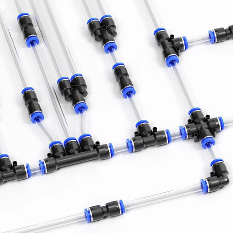 Solid 40 Pack Of Push To Connect Air Fittings Kit With Quick Release Couplers For Pneumatic Hoses Including Straight Unions, Elbows, Tees, And Y Splitters Perfect For 5/16 Inch OD Piping Tubing Systems., black plastic pneumatic fittings on clear tubing