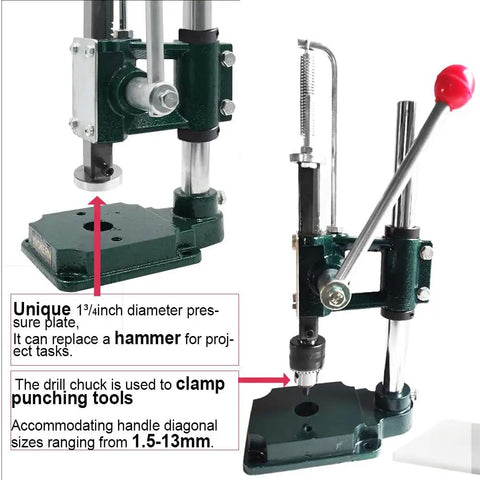 Handheld Leather Hole Punch And Stamping Press For DIY Crafting Adjustable 1.5 To 13 mm Chuck And 4.4 Cm Press Plate Great For Belts Bags Wallets And Watch Straps Get Your Craft On With This Quiet Pro Level Leather Tool, showing close-up of clamp