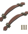 Two brown leather pull handles with mounting screws, from Six Retro Style Leather Furniture Pull Handles Set 6.3 Inch Length for Drawers Cabinets and PU Suitcases