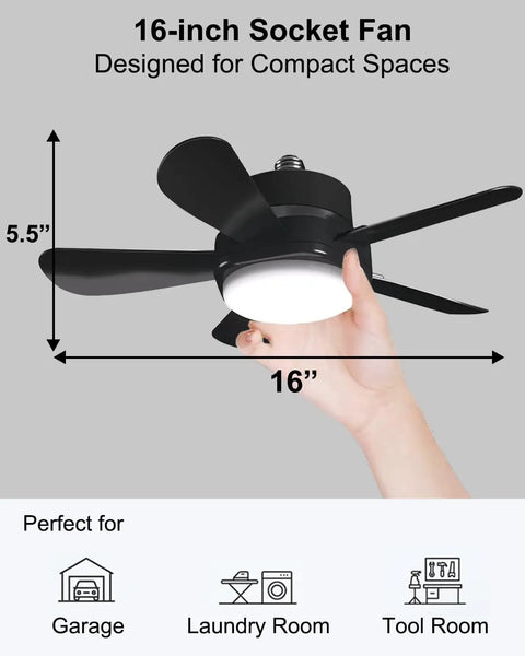 16 Inch Smart Socket Ceiling Fan Light With Remote RGBW E26 Bulb 1800Lm Small Ceiling Fan for compact spaces, black