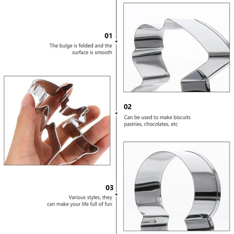 Close-up of Halloween 5 Piece Stainless Steel Cookie Cutter Set Skull Ghost Witch Scythe Demon Shapes For DIY Cookies