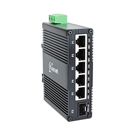 Rugged Industrial Six Port Gigabit Ethernet Switch With 90 To 250V AC Input, visible are five RJ45 ports and one SFP slot.