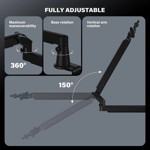 Fully adjustable Heavy Duty Low Profile Microphone Boom Arm Stand For Gaming And Streaming With Solid Aluminum Build.