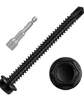 Black Hex Washer Head Sheet Metal Screws Set Size 14 Two And A Half Inch Self Drilling And Flanged Self Tapping 410 Stainless Steel Anti Rust