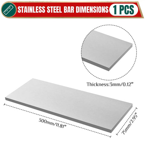 304 Stainless Steel Flat Bar 0.125 Inch Thick By 3 Inch Wide By 12 Inch Long, Heavy Duty Pro Grade Metal Stock For Fabrication DIY Projects, Corrosion Resistant, Durable Steel Bar shown with dimensions