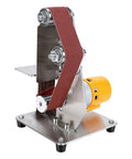 Mini 3 In 1 Belt Sander And Benchtop Grinder With Seven Speeds For Smooth Wood Sanding Metal Polishing And Fast Blade Sharpening A No Sweat Shop Essential - Side view of compact sander with abrasive belt and motor.