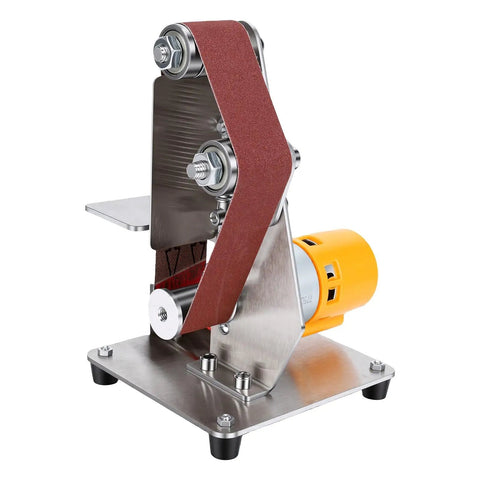 Mini 3 In 1 Belt Sander And Benchtop Grinder With Seven Speeds For Smooth Wood Sanding Metal Polishing And Fast Blade Sharpening A No Sweat Shop Essential - Side view of compact sander with abrasive belt and motor.