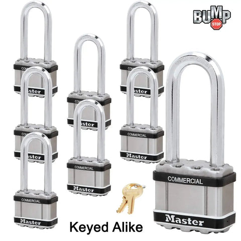 Eight Locks Keyed Alike Padlock Set With Sixteen Keys, Magnum Padlock 2 Inch Wide Shackle By 2 1/2 Inch Long shown with keys