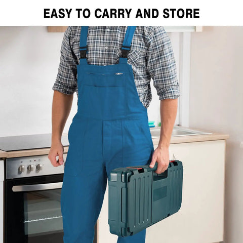 Person holding Electric Toilet Plunger With Dual Batteries High Pressure Air Plunger For Toilet Drain Sewer And Pipes tool case