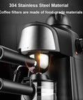 Semi Automatic Espresso Machine With Built In Steam Frother Knocks Out Dope Cappuccinos And Silky Lattes Using Solid Five Bar Pressure, featuring 304 stainless steel and black handles.