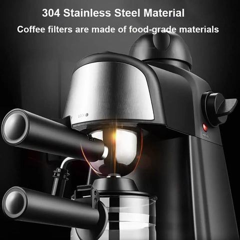 Semi Automatic Espresso Machine With Built In Steam Frother Knocks Out Dope Cappuccinos And Silky Lattes Using Solid Five Bar Pressure, featuring 304 stainless steel and black handles.
