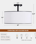 Diagram of Cool Semi-Flush Mount Ceiling Light With Diffused Drum Shade, Modern Fixture For Bedroom, 18 Inch Diameter, E26 Base.
