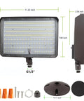 150W Outdoor LED Flood Light With One-Half Inch Knuckle Mount And Plate Included, 21000 Lumens, 5000K Daylight shown with parts