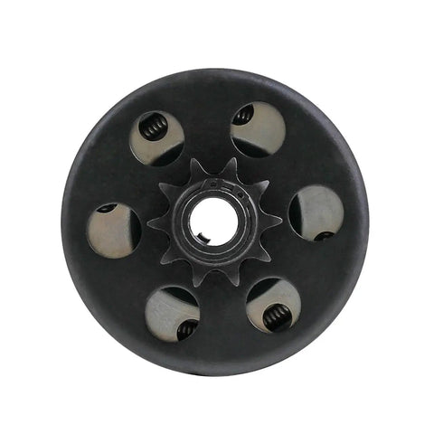 Smooth Operator Centrifugal Clutch For Go Karts And Mini Bikes Featuring 5/8 Inch Bore 10 Tooth Build. Steel design with 6 springs visible.