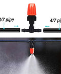 80 Piece Micro Spray Drippers Set With Adjustable Flow One Quarter Inch Garden Sprinkler Drip Heads Includes 40 Adjustable Drippers And 40 Capillary Tee Fittings For Misting Irrigation Kit showing a red adjustable dripper installed with 4/7 mm pipe
