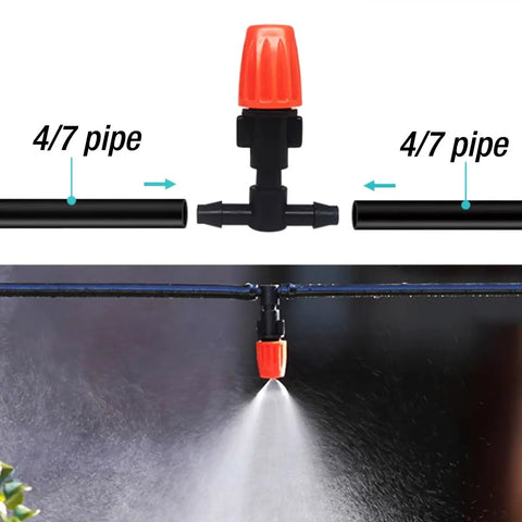 80 Piece Micro Spray Drippers Set With Adjustable Flow One Quarter Inch Garden Sprinkler Drip Heads Includes 40 Adjustable Drippers And 40 Capillary Tee Fittings For Misting Irrigation Kit showing a red adjustable dripper installed with 4/7 mm pipe
