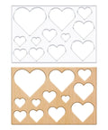 Heavy Duty Acrylic Heart Router Template For Practical Woodworking And Charcuterie Boards Features Twelve Cut Sizes providing clear acrylic and wood heart patterns.