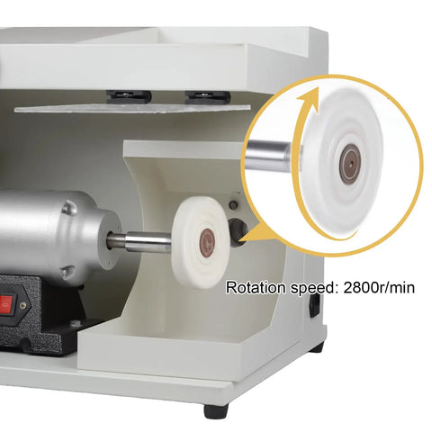 Built Like A Tank 550W Double Head Bench Grinder With Bright LED Light And Whiz Bang 2800 Rpm Motor showing its rotating polishing wheel.