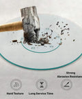 Heavy Duty Tempered Glass Lazy Susan Turntable With Hella Smooth 360 Rotation showing a hammer striking the glass surface.