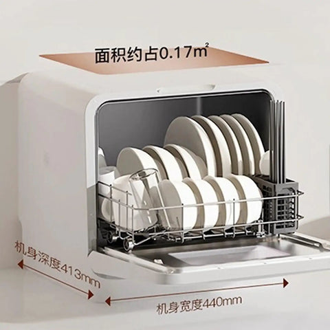 Compact Tabletop Dishwasher With Plug And Play Setup No Plumbing Needed Self Draining Front Opening Auto Dry And Storage Fits Large Plates with dishes and glasses inside.