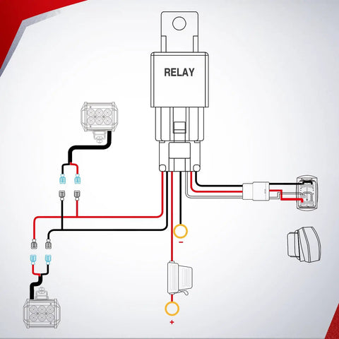 Wiring diagram for Led Pod Lights Wiring Harness Kit With 12V 5Pin Rocker Switch SPST Waterproof Toggle and Power Relay.