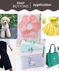 Image of various applications for All In One Plastic Snap Fastener Kit, including dog clothing, bibs, raincoats, pants, and bags.