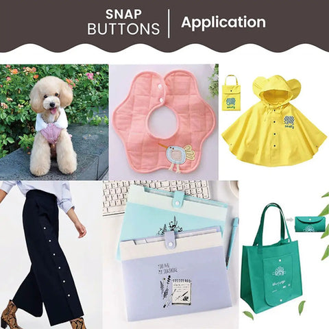 Image of various applications for All In One Plastic Snap Fastener Kit, including dog clothing, bibs, raincoats, pants, and bags.