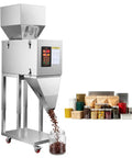 Slick Automatic Filling Machine With Smart Weighing Sensor And Foot Pedal For Coffee Beans Grains Spices Stainless Steel Particle Dispenser pouring coffee beans into a jar.