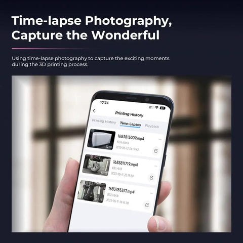 Hand holding smartphone showing time-lapse video files related to Nebula Camera For 3D Printing With Real Time Monitoring And Time Lapse Spaghetti Detection Cloud WiFi Plug And Play With Sonic Pad Nebula Pad Ender 3 V3 Plus KE CR 10 SE Holot Mage Pro.