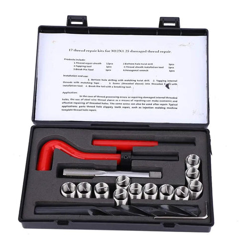 Stainless Steel Thread Repair Kit for M12x1.25 Threads, complete tool set with drill and inserts in case for aluminum repair.