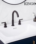 Widespread Three Hole Brushed Gold Bathroom Faucet With Two Handles Modern Brass Vanity Sink Faucet Includes Supply Hoses And Pop Up Drain Stopper For Easy Install installed on ceramic sink