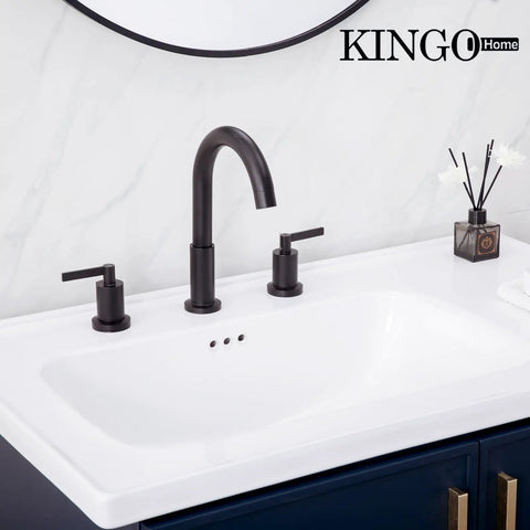 Widespread Three Hole Brushed Gold Bathroom Faucet With Two Handles Modern Brass Vanity Sink Faucet Includes Supply Hoses And Pop Up Drain Stopper For Easy Install installed on ceramic sink
