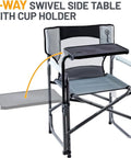 Heavy Duty 300 Lb Folding Director Chair With 2 Way Rotating Side Table Height Adjustable Swivel Tray Cup Holder Ergonomic Mesh Back Portable Outdoor Seat For RV Tailgating Lawn Grey