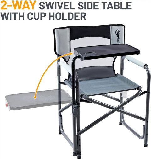 Heavy Duty 300 Lb Folding Director Chair With 2 Way Rotating Side Table Height Adjustable Swivel Tray Cup Holder Ergonomic Mesh Back Portable Outdoor Seat For RV Tailgating Lawn Grey