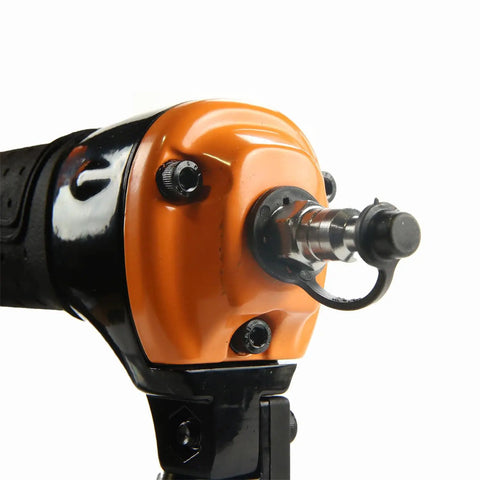 Close-up of Pneumatic 15 Degree Rapid Fire Coil Roofing Nailer for Shingles and Sheathing showing nozzle and orange casing