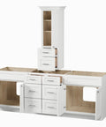 Fresh 90 Double Sink Bathroom Vanity Base Over Countertop Storage Cabinet White Shaker Details, featuring solid wood frame and drawers.