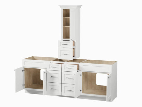 Fresh 90 Double Sink Bathroom Vanity Base Over Countertop Storage Cabinet White Shaker Details, featuring solid wood frame and drawers.
