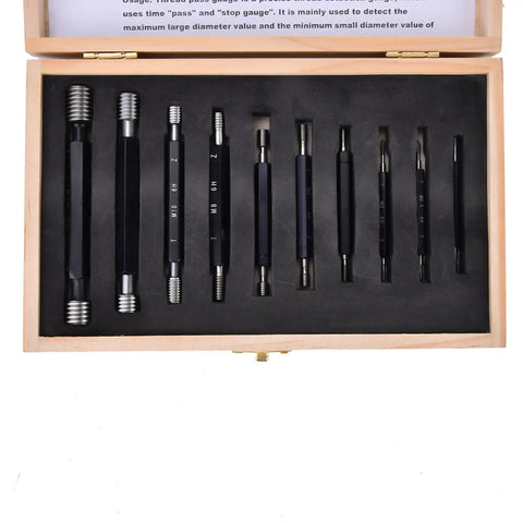 10 Piece Thread Plug Gauge Set With Double End Through Stop For Metric Thread Inspection set in wooden case